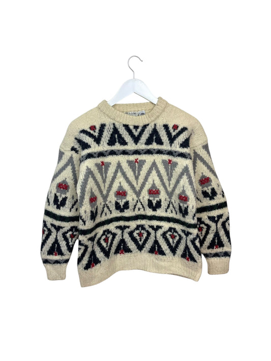 Vintage Bellini Australia Womens Cream Geometric Pattern Wool Crewneck Sweater M