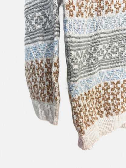 Vintage 90s Womens Blue Beige Brown Stripe Patterned Sweater Medium