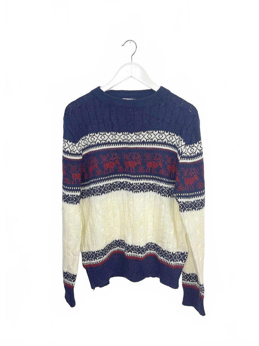 Vintage Collection Women's Navy Cream Crew Neck Knit Sweater Medium