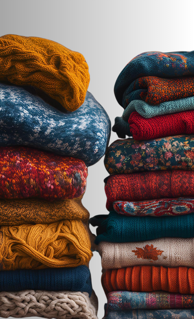 Colourful jumpers stacked 