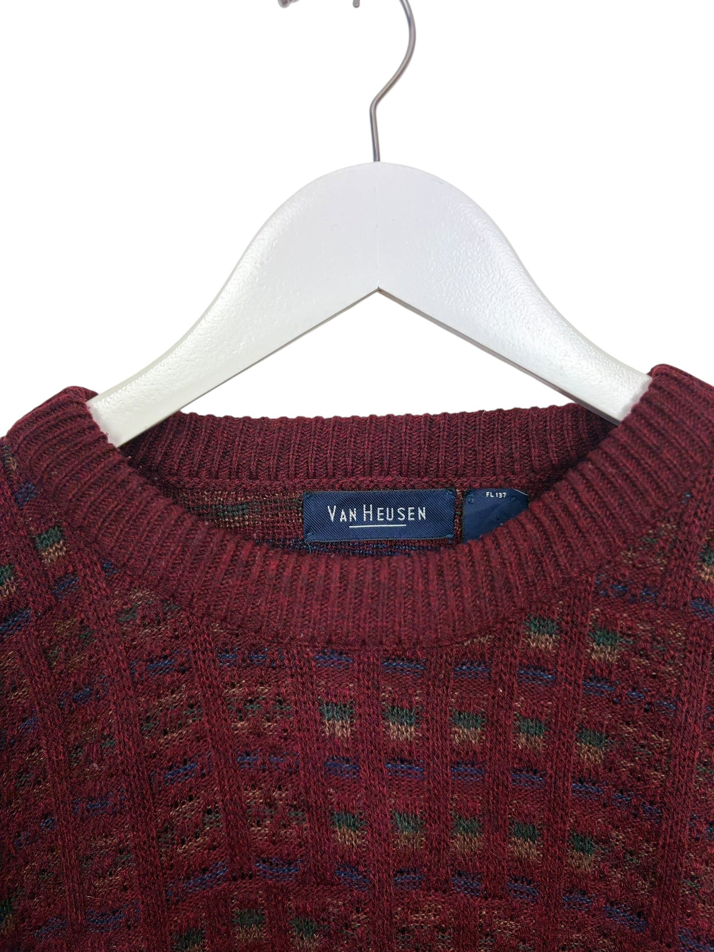 Van Heusen Mens Burgundy Geometric Knit Crewneck Acrylic Sweater Size M