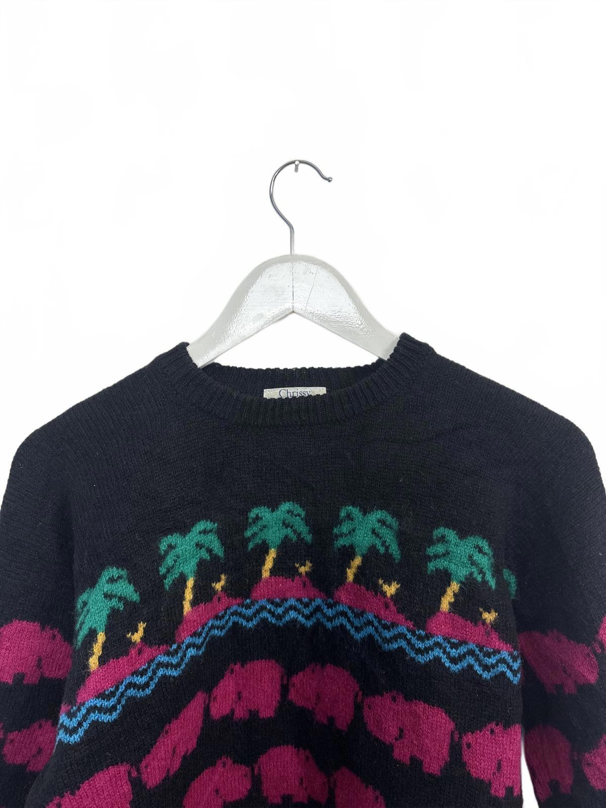 Vintage Chrissy Norman Womens Crew Neck Sweater Hippo Palm Tree Pattern Small