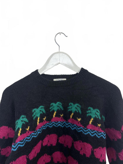 Vintage Chrissy Norman Womens Crew Neck Sweater Hippo Palm Tree Pattern Small