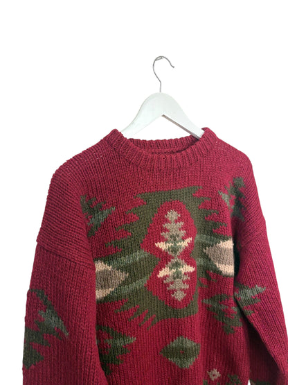 Vintage Eddie Bauer 90s Burgundy Aztec Thick Knit Sweater Size L