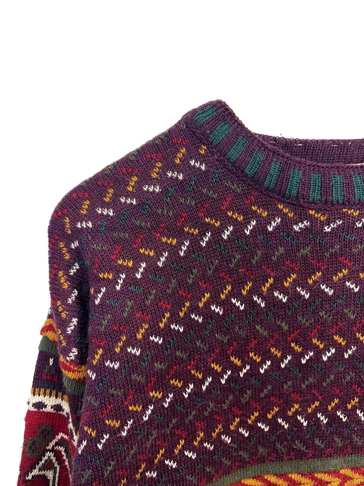 Vintage 90's Choice Men's Unisex Festive Knitted Sweater Burgundy Pattern Medium