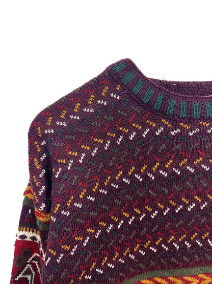 Vintage 90's Choice Men's Unisex Festive Knitted Sweater Burgundy Pattern Medium