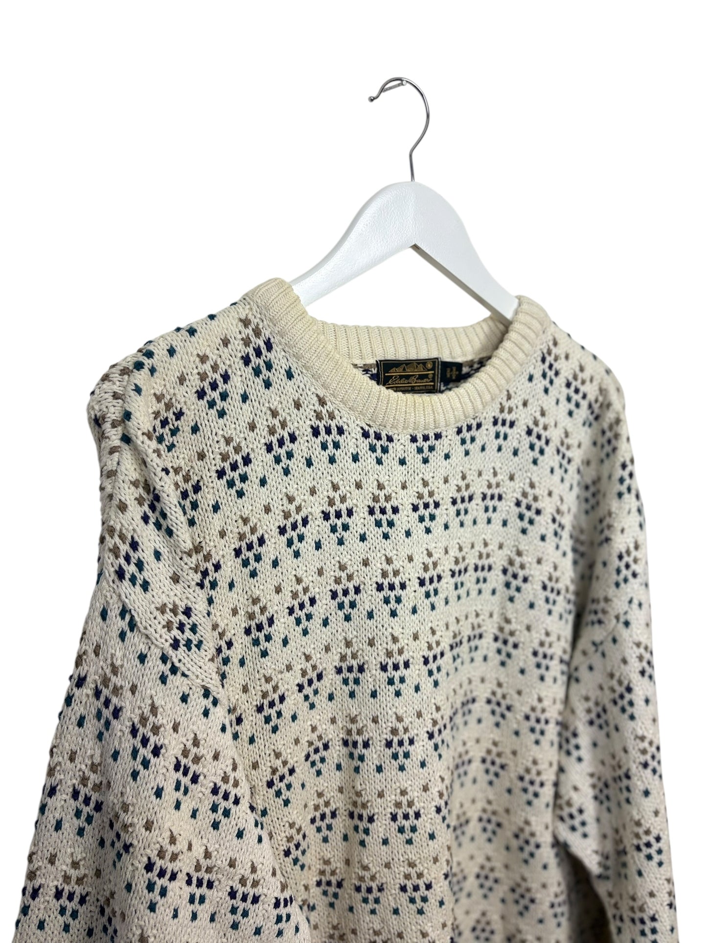 Vintage 90s Eddie Bauer Cream Geometric Knit Crewneck Sweater Size L