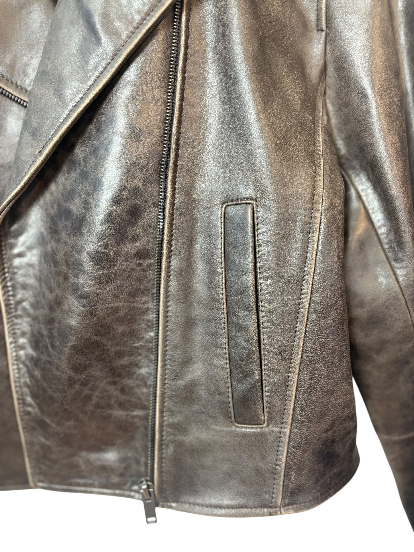 Massimo Dutti Womens Brown Distressed Leather Biker Moto Jacket Size S