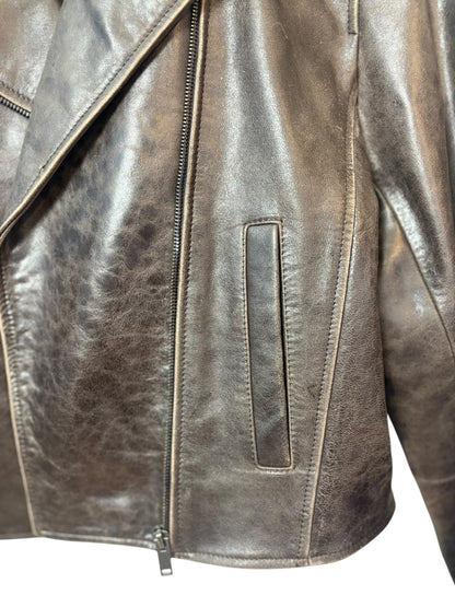 Massimo Dutti Womens Brown Distressed Leather Biker Moto Jacket Size S