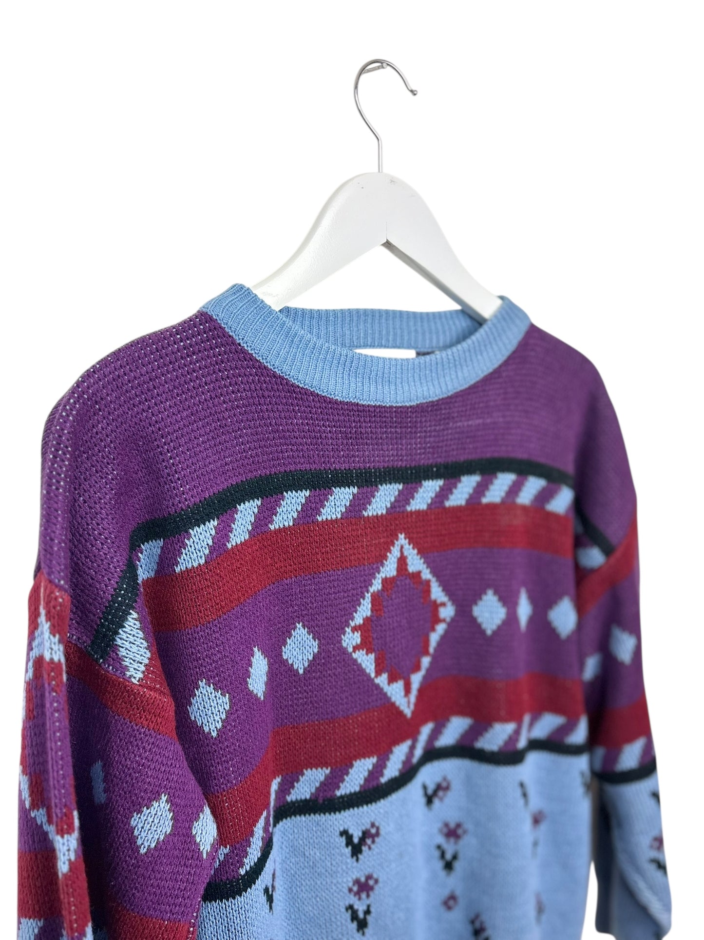 Château Unisex 80s Purple Geometric Knit Crewneck Acrylic Sweater Medium