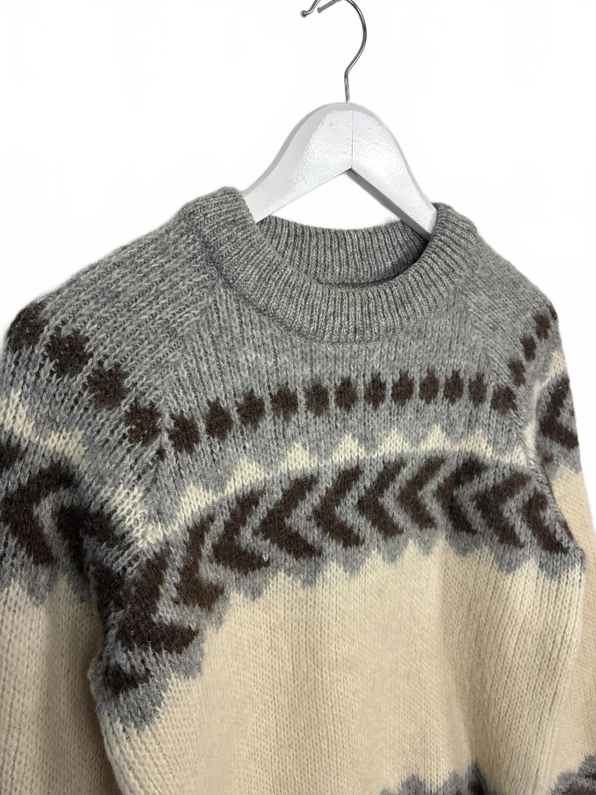 Vintage Brown Bison Women's Grey Cream Patterned Wool Sweater Medium