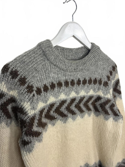 Vintage Brown Bison Women's Grey Cream Patterned Wool Sweater Medium