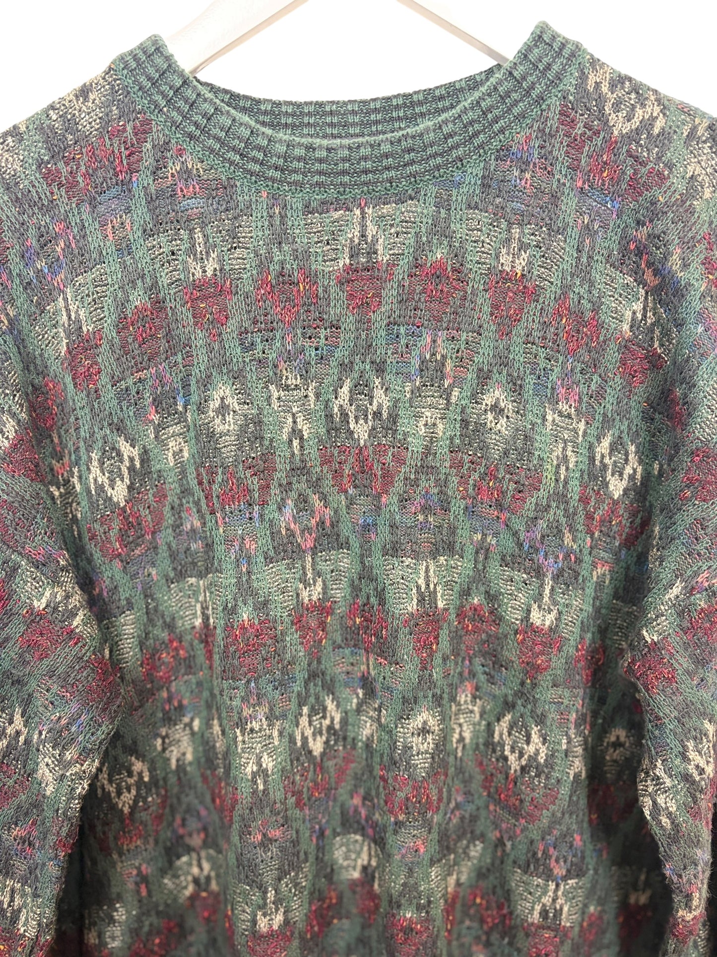 JS. A. Bank Mens 90s Green Geometric Pattern Crewneck Sweater Size XL