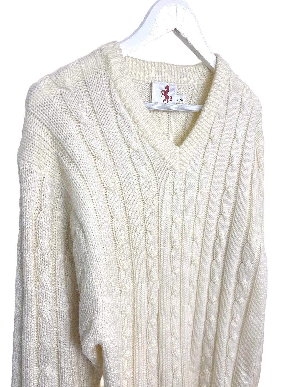 Vintage White Readers Men's Sweater Cream Cable Knit V-Neck Large