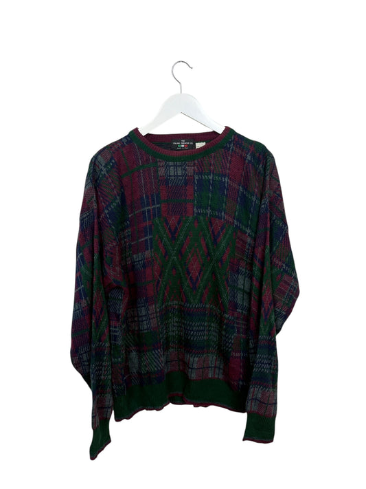 The Italian Sweater Co Mens Green Fair Isle Plaid Crewneck Wool Sweater L