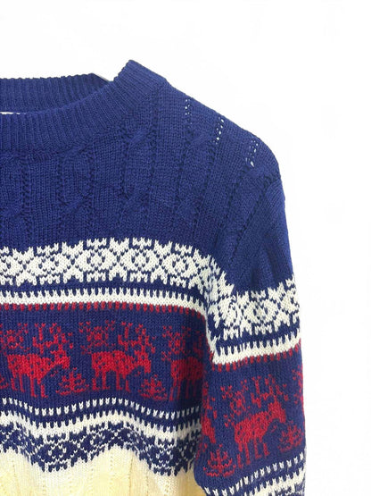 Vintage Collection Women's Navy Cream Crew Neck Knit Sweater Medium
