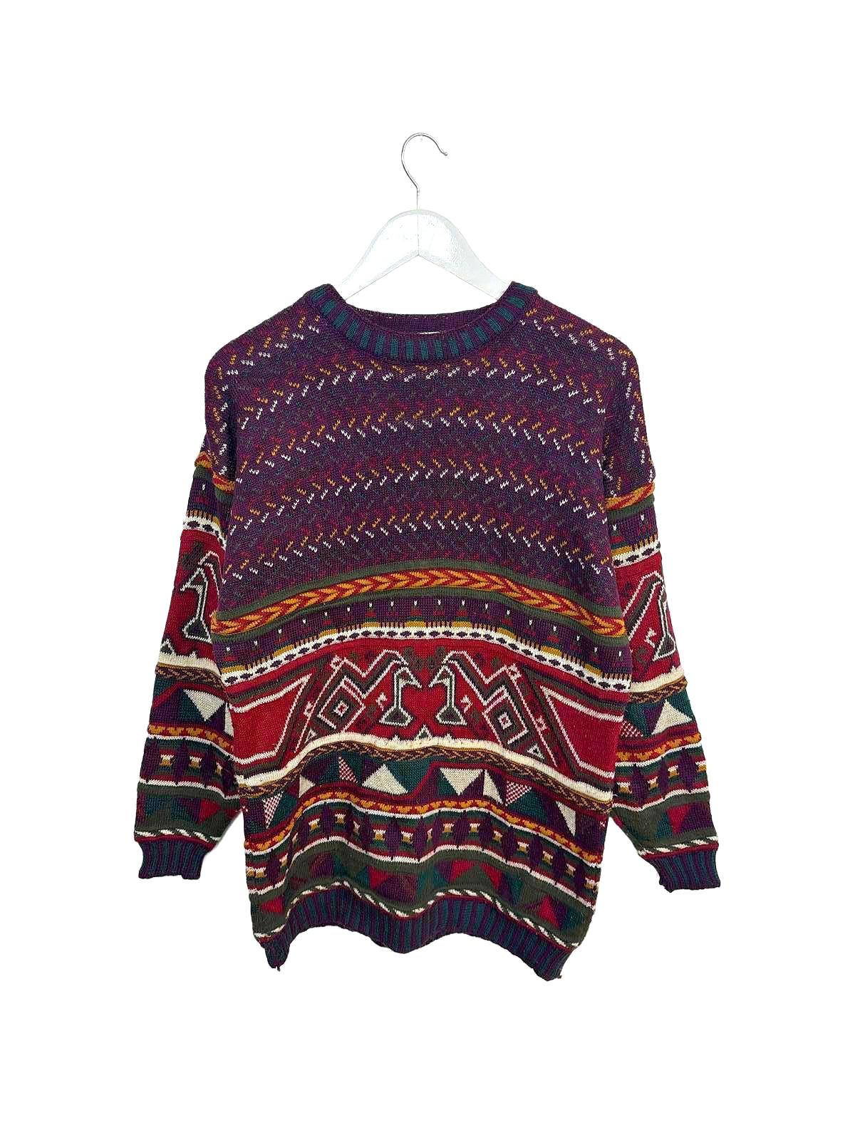 Vintage 90's Choice Men's Unisex Festive Knitted Sweater Burgundy Pattern Medium