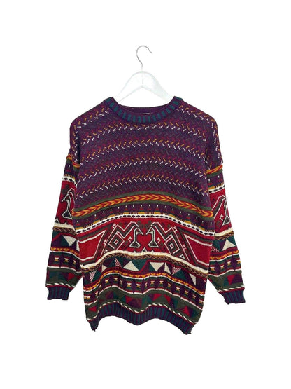 Vintage 90's Choice Men's Unisex Festive Knitted Sweater Burgundy Pattern Medium