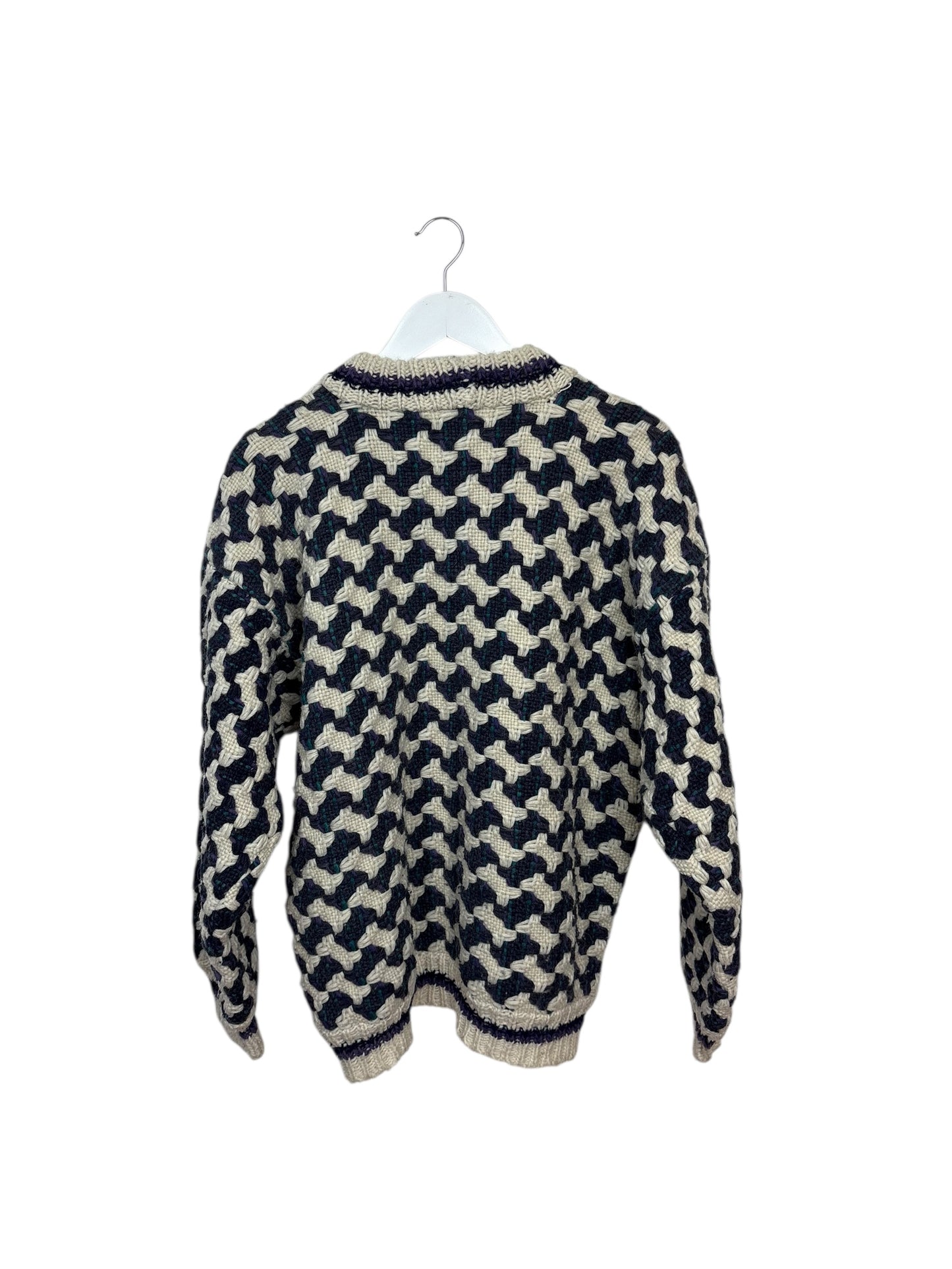 La Paz 90s Mens Purple Geometric Pattern Wool Knit Sweater Cream L
