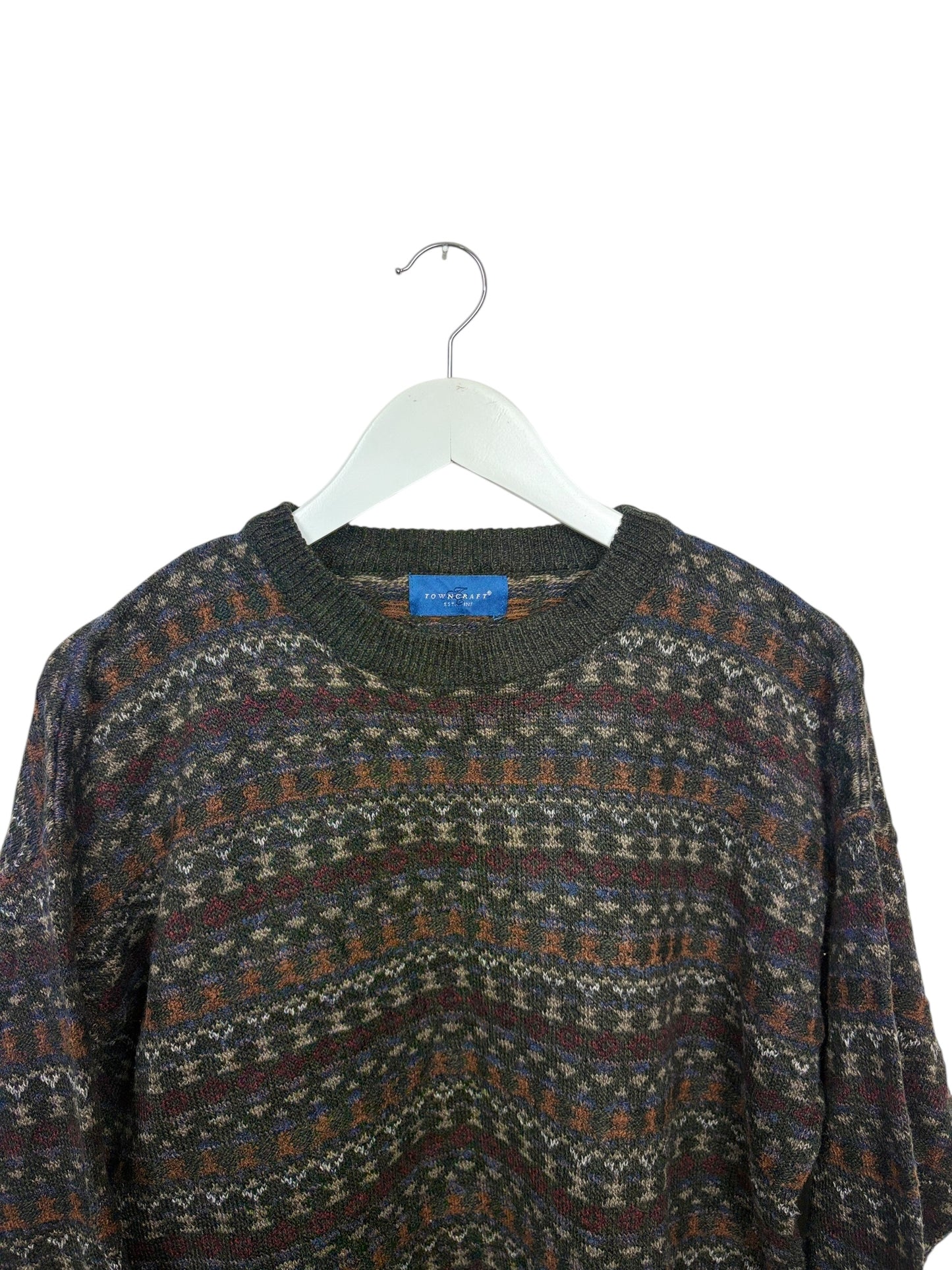 Towncraft 90s Unisex Grey Fair Isle Crewneck Knit Sweater Size M/L