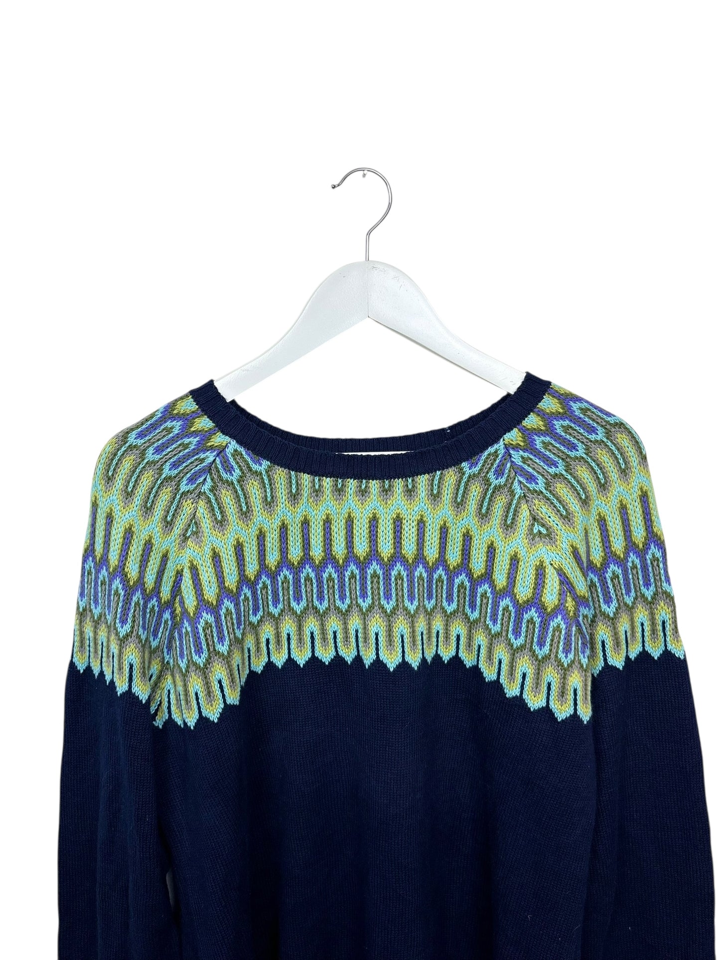 Vintage Navy Womens Geometric Zig Zag Fair Isle Crewneck Knit Sweater M