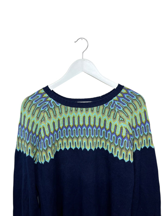 Vintage Navy Womens Geometric Zig Zag Fair Isle Crewneck Knit Sweater M