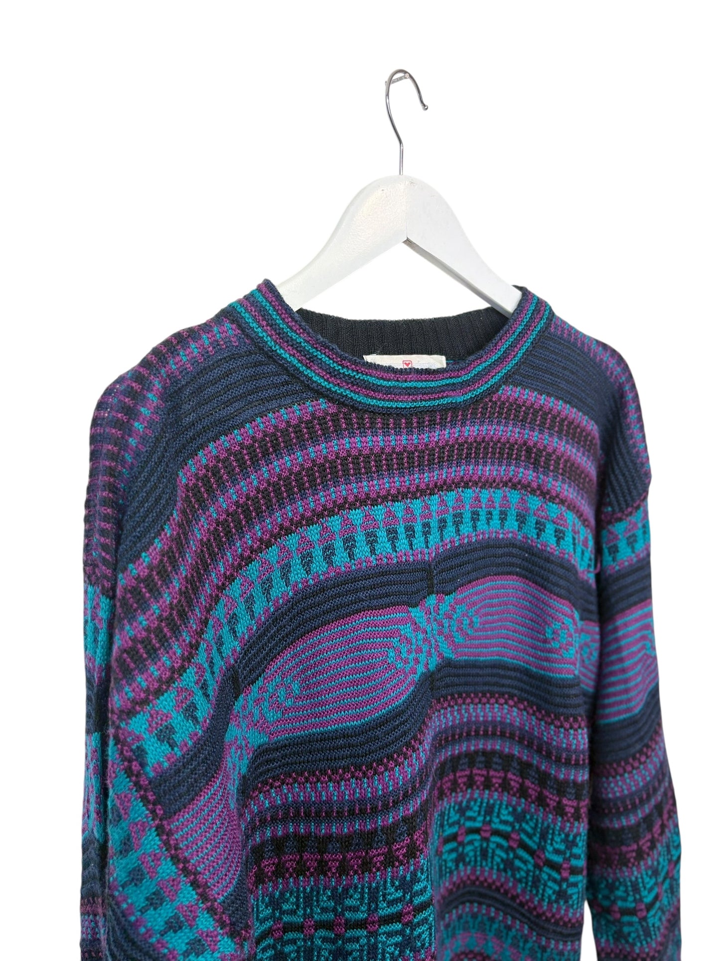 Vintage 90s Obermeyer Sweater Purple Navy Aztec Geometric Knit Crewneck Size L