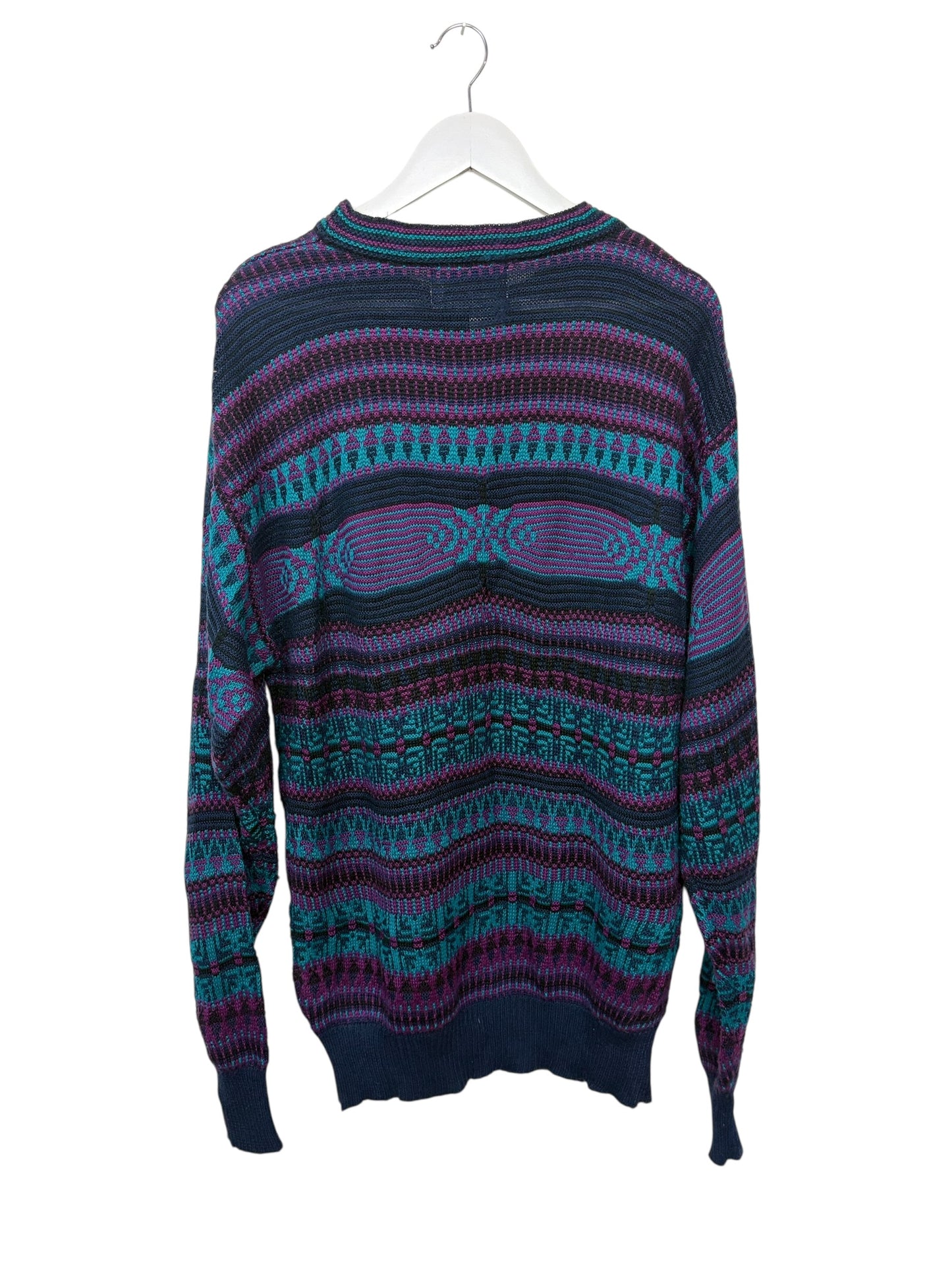 Vintage 90s Obermeyer Sweater Purple Navy Aztec Geometric Knit Crewneck Size L