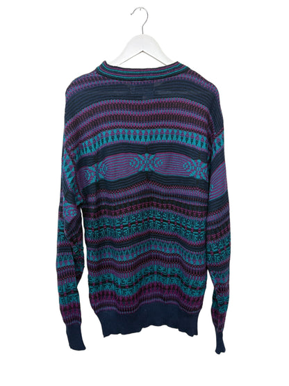 Vintage 90s Obermeyer Sweater Purple Navy Aztec Geometric Knit Crewneck Size L