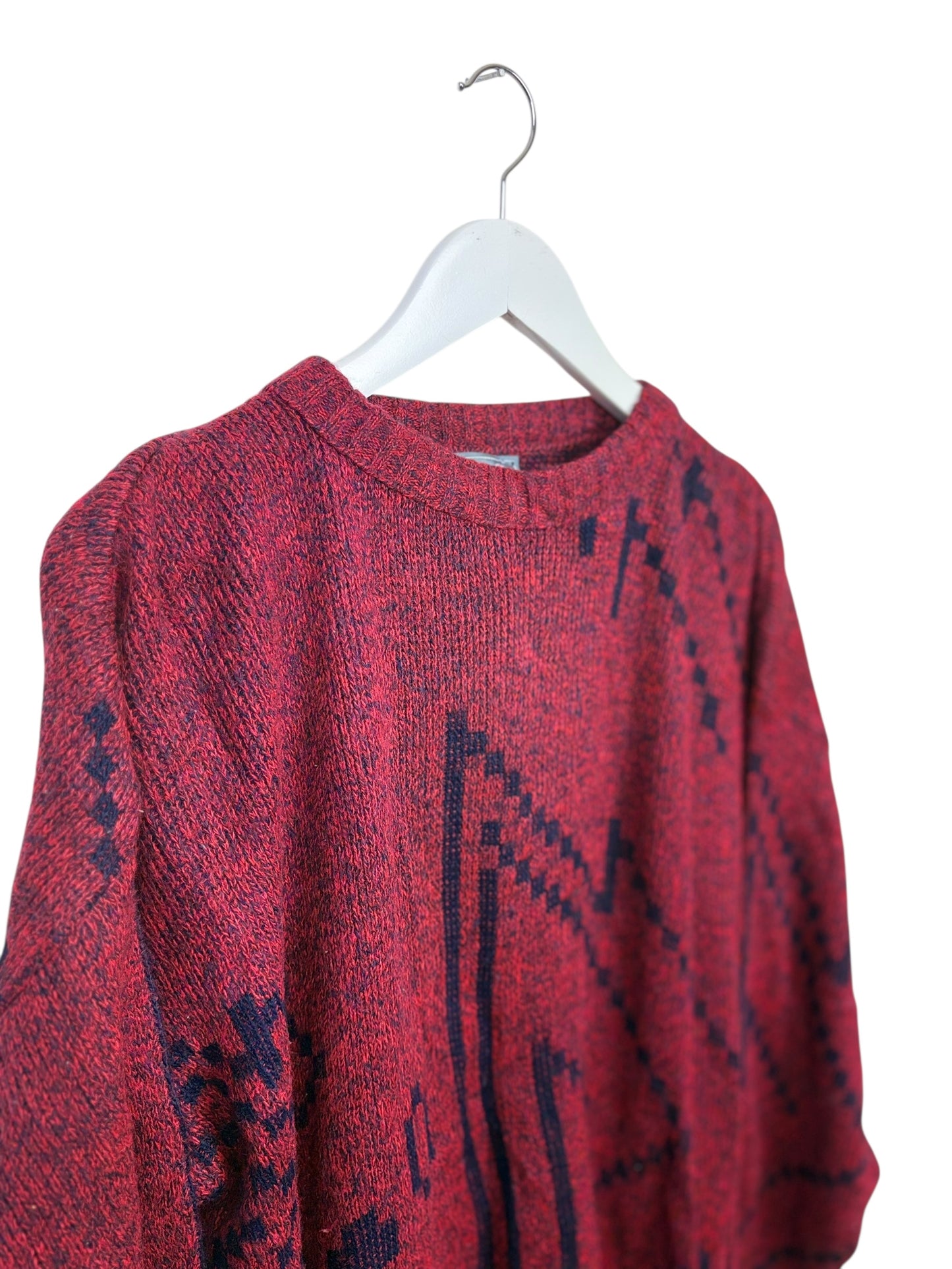 Vintage 80s Le TIGRÉ Unisex Red Geometric Knit Crewneck Sweater Size L