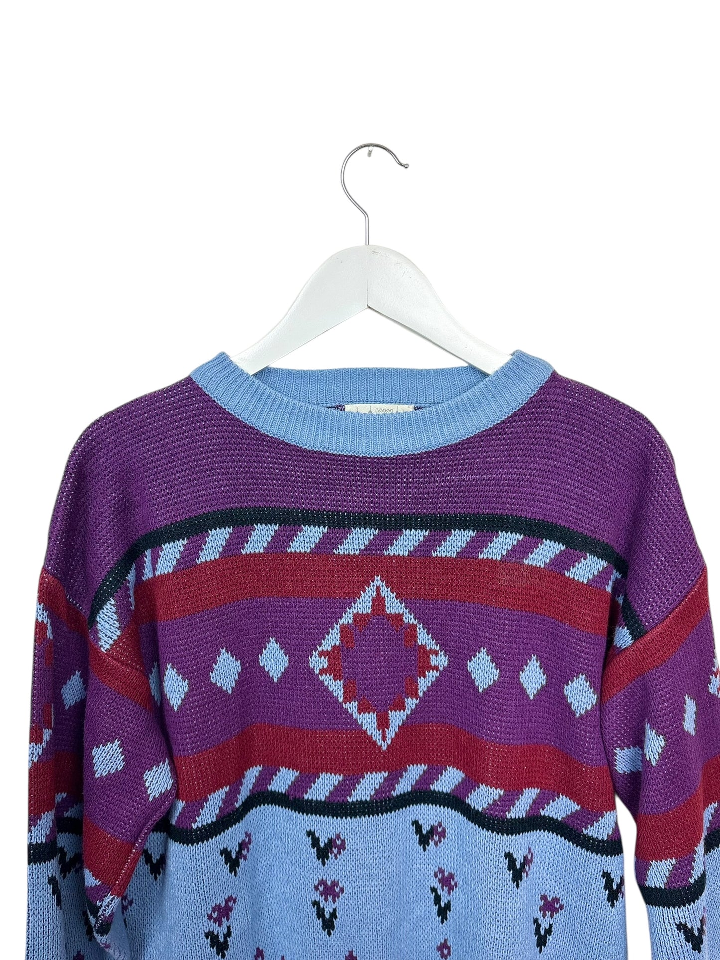 Château Unisex 80s Purple Geometric Knit Crewneck Acrylic Sweater Medium