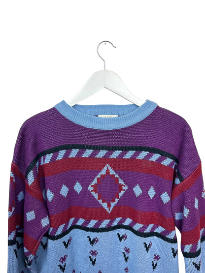 Château Unisex 80s Purple Geometric Knit Crewneck Acrylic Sweater Medium