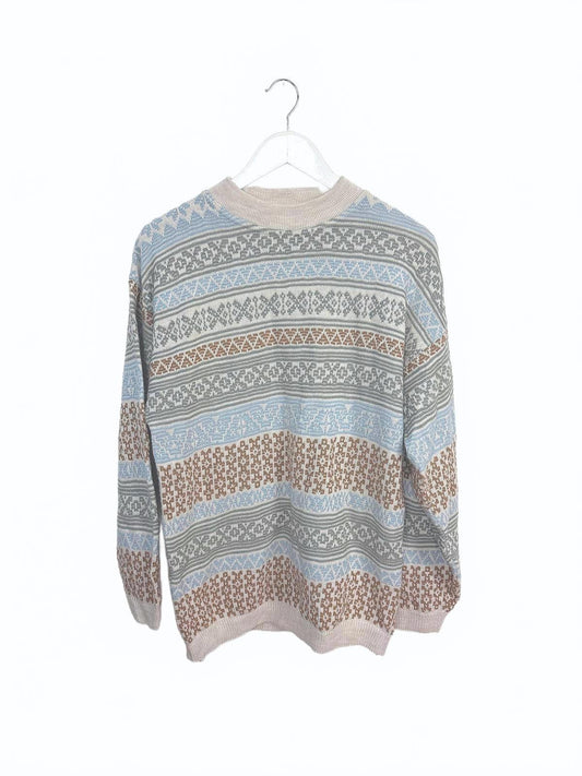 Vintage 90s Womens Blue Beige Brown Stripe Patterned Sweater Medium