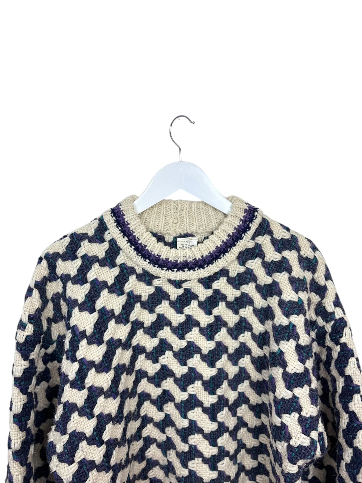 La Paz 90s Mens Purple Geometric Pattern Wool Knit Sweater Cream L
