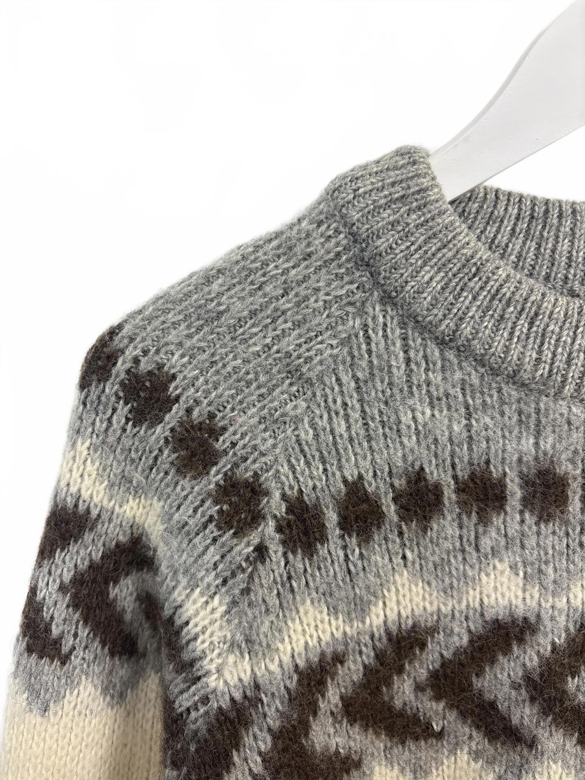 Vintage Brown Bison Women's Grey Cream Patterned Wool Sweater Medium