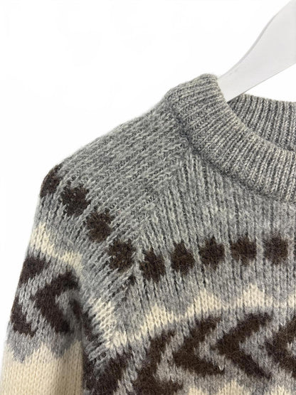 Vintage Brown Bison Women's Grey Cream Patterned Wool Sweater Medium