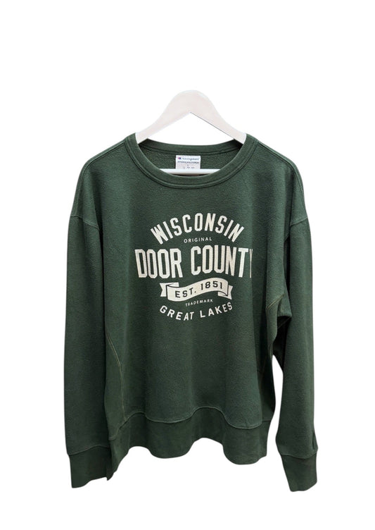 green wisconsin door county sweater with hand hanger
