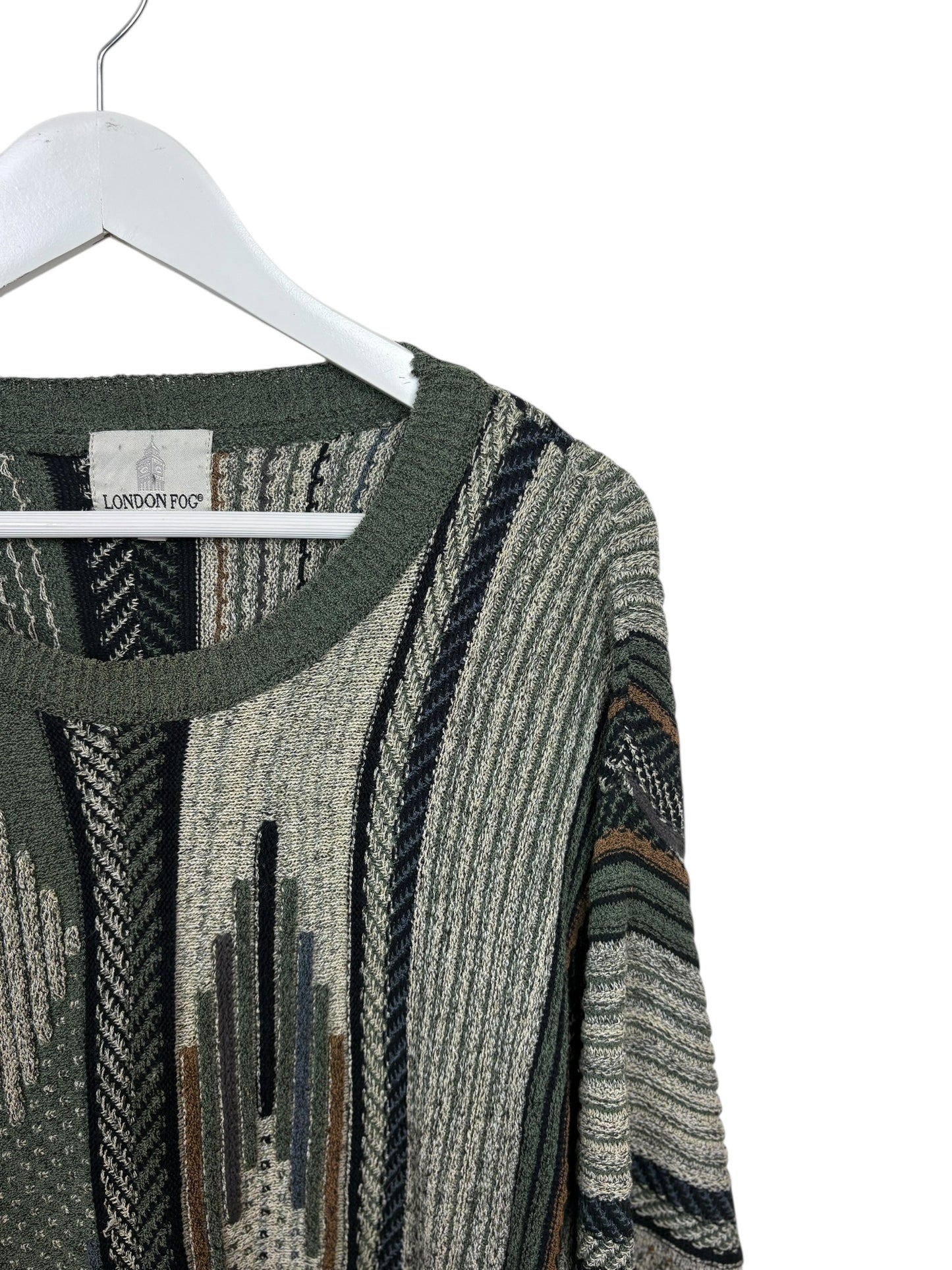 London Fog Womens Green Geometric Knit Crewneck 90s Sweater Size XL