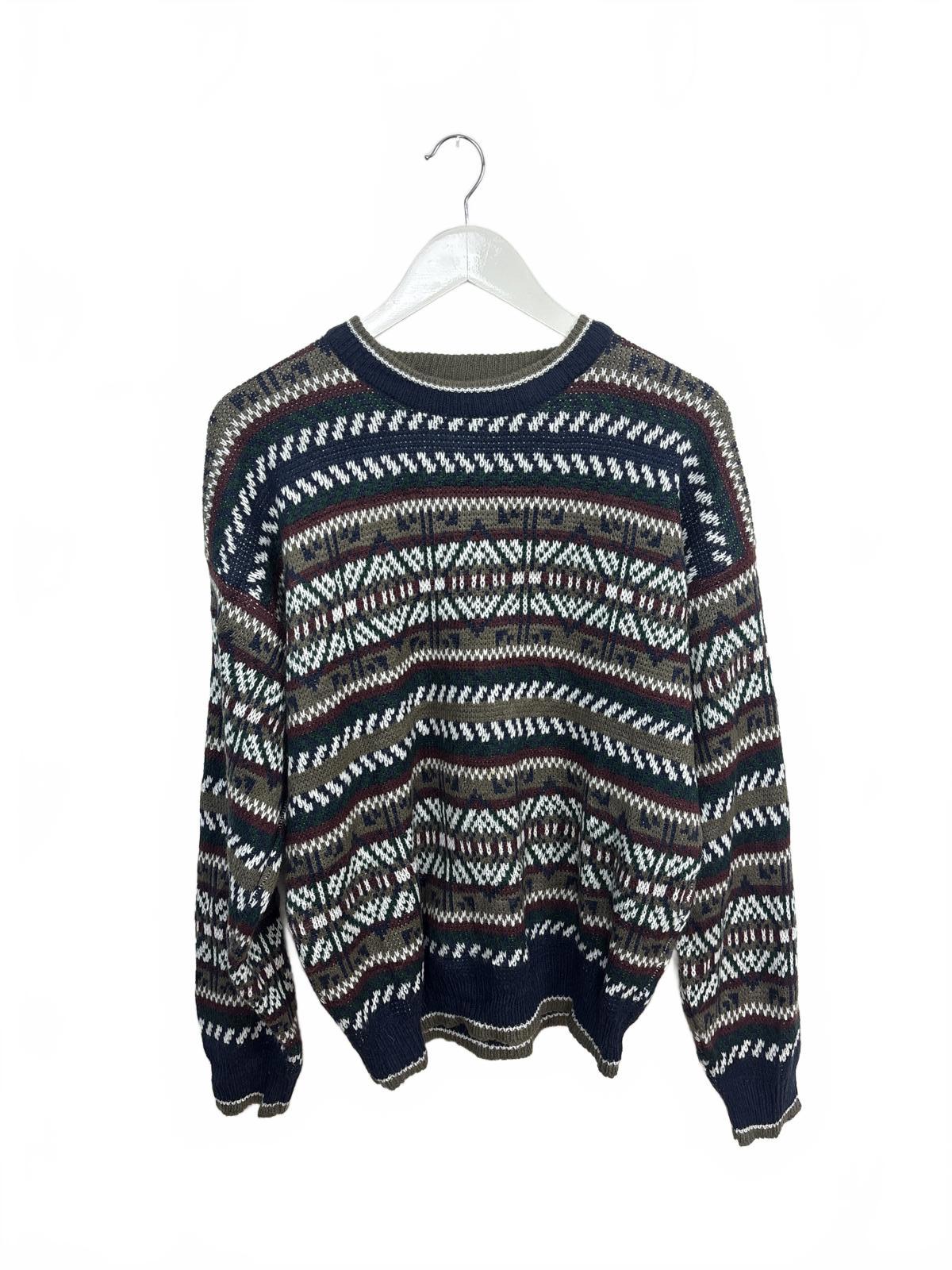 Vintage 90s Honors Geometric Patterned Navy Khaki Crew Neck Sweater M-L