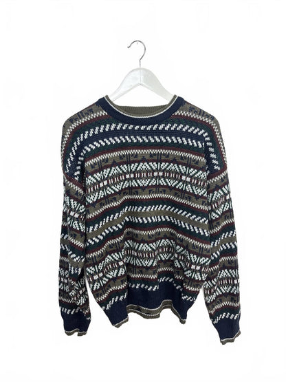 Vintage 90s Honors Geometric Patterned Navy Khaki Crew Neck Sweater M-L