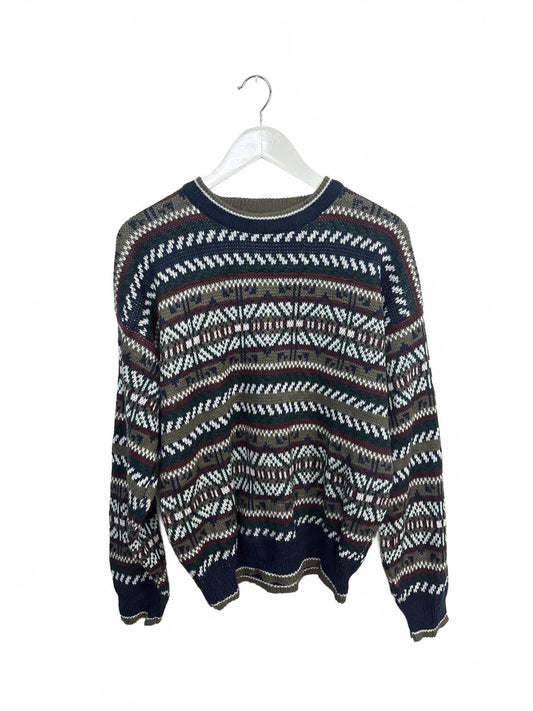 Vintage 90s Honors Geometric Patterned Navy Khaki Crew Neck Sweater M-L