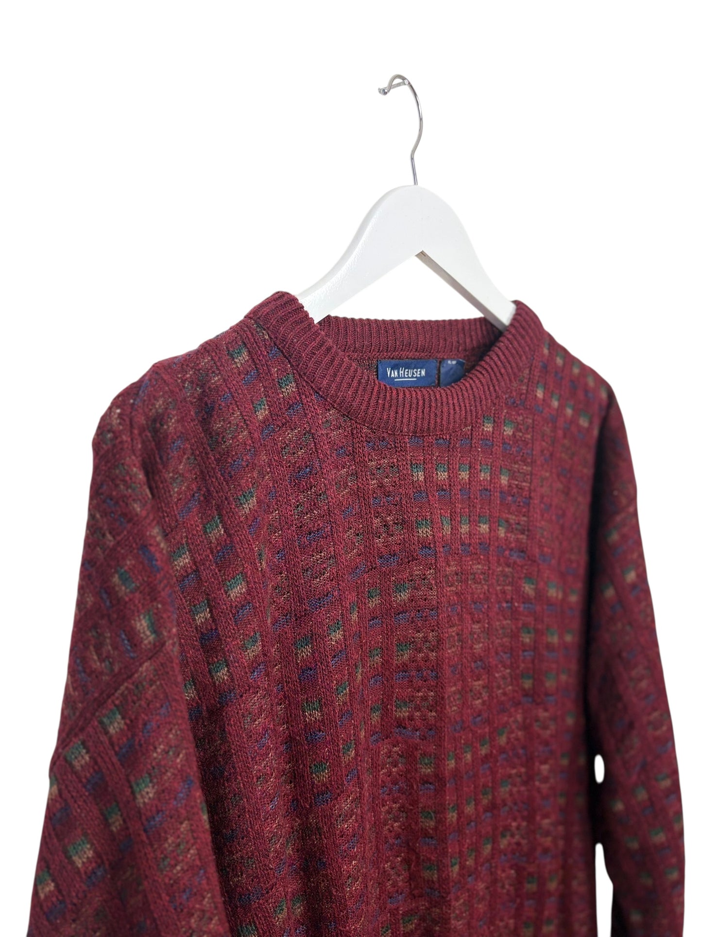 Van Heusen Mens Burgundy Geometric Knit Crewneck Acrylic Sweater Size M