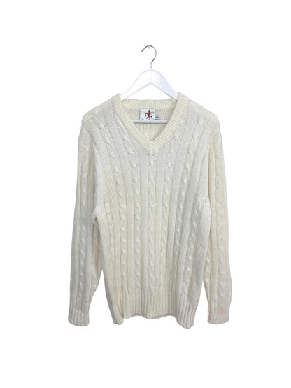 Vintage White Readers Men's Sweater Cream Cable Knit V-Neck Large