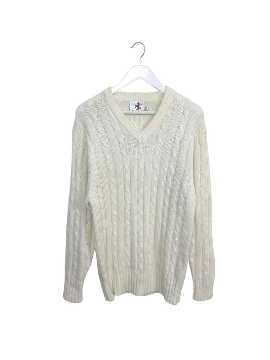 Vintage White Readers Men's Sweater Cream Cable Knit V-Neck Large