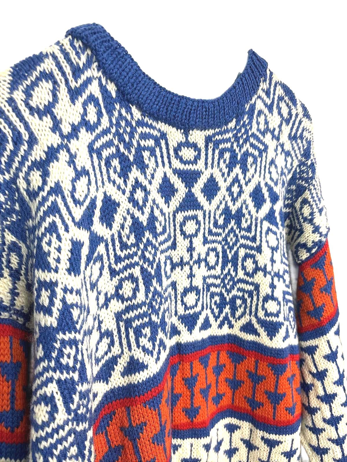 Vintage 90s Aztec Men's Sweater Geometric Patterns Blue Orange Multi-colour  XL
