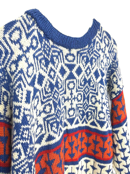 Vintage 90s Aztec Men's Sweater Geometric Patterns Blue Orange Multi-colour  XL