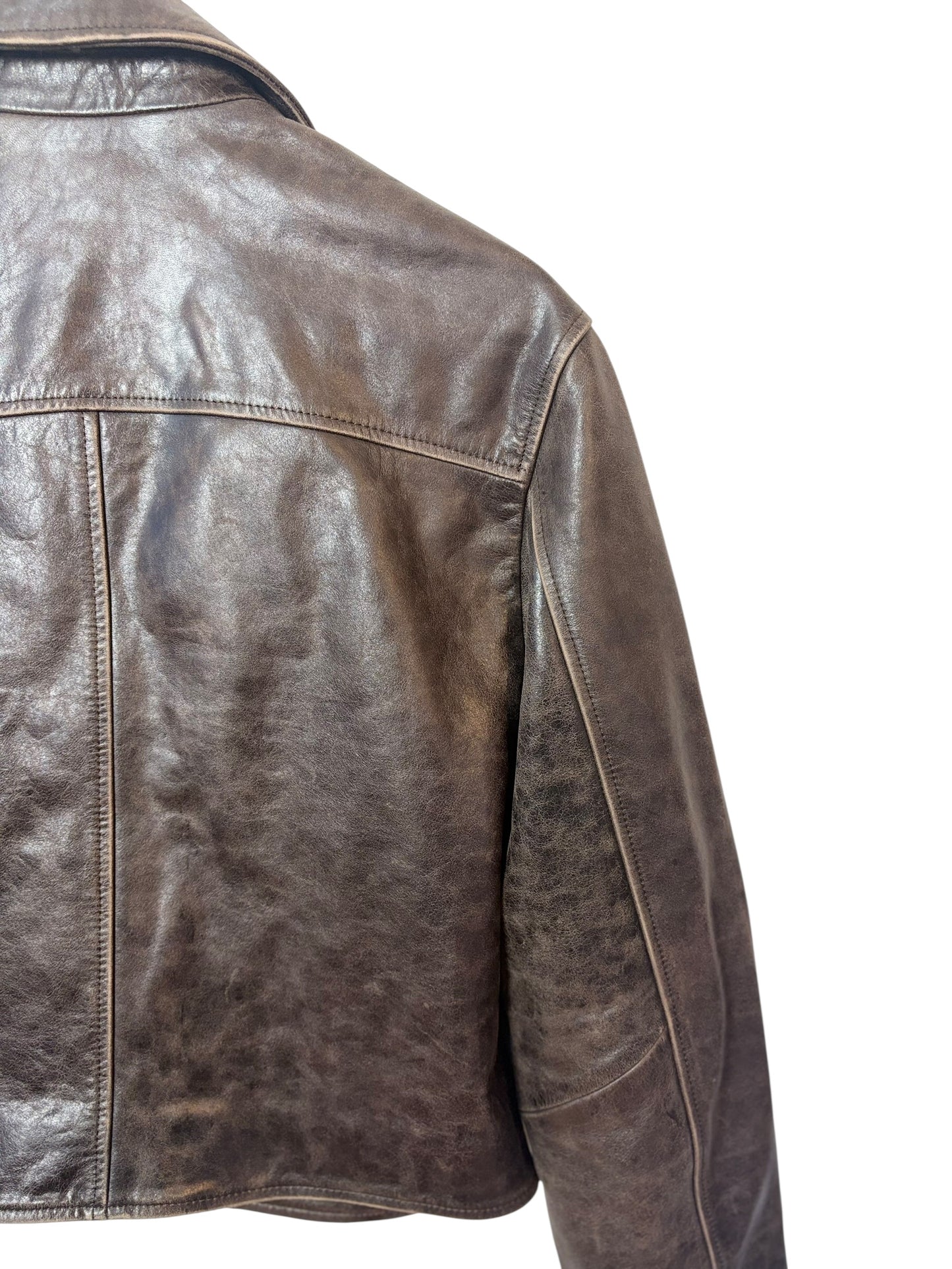 Massimo Dutti Womens Brown Distressed Leather Biker Moto Jacket Size S
