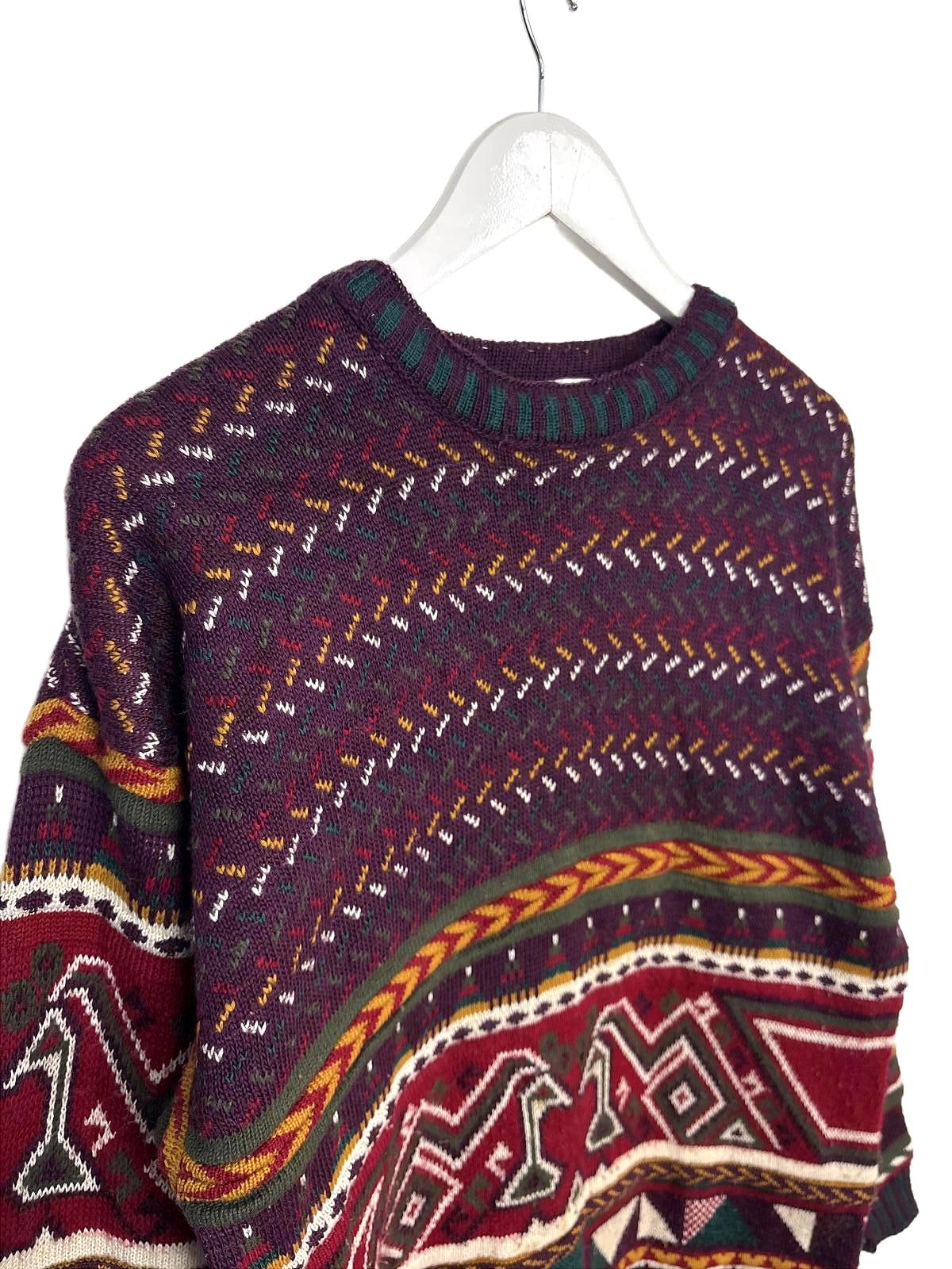 Vintage 90's Choice Men's Unisex Festive Knitted Sweater Burgundy Pattern Medium