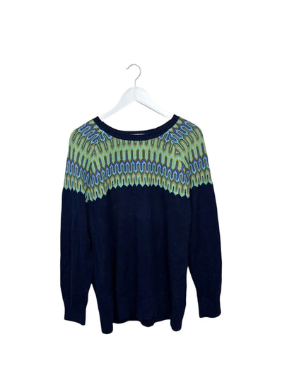 Vintage Navy Womens Geometric Zig Zag Fair Isle Crewneck Knit Sweater M