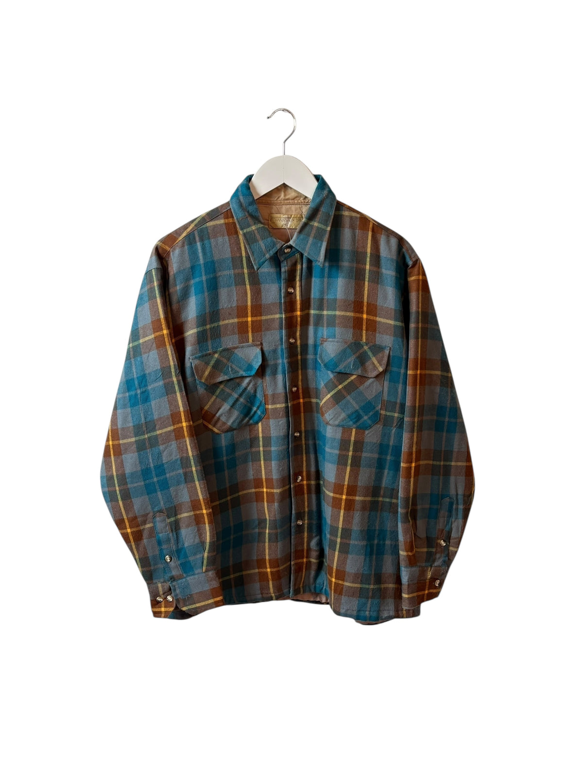Vintage Charleston Bay Mens Blue Tan Plaid Flannel Shirt Button Up Size L